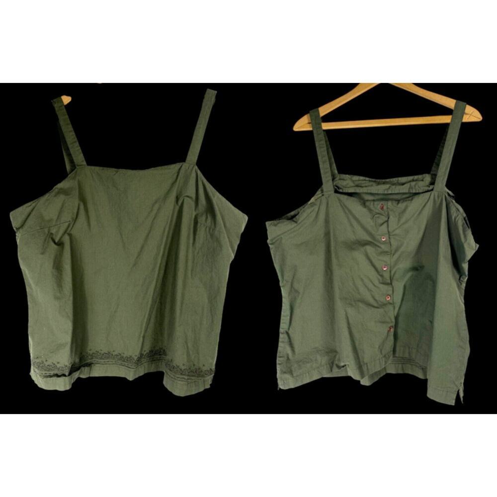 Faded Glory Tank Top Army Green 2X Y2K Boho Button Back Crop Embroidered Hem